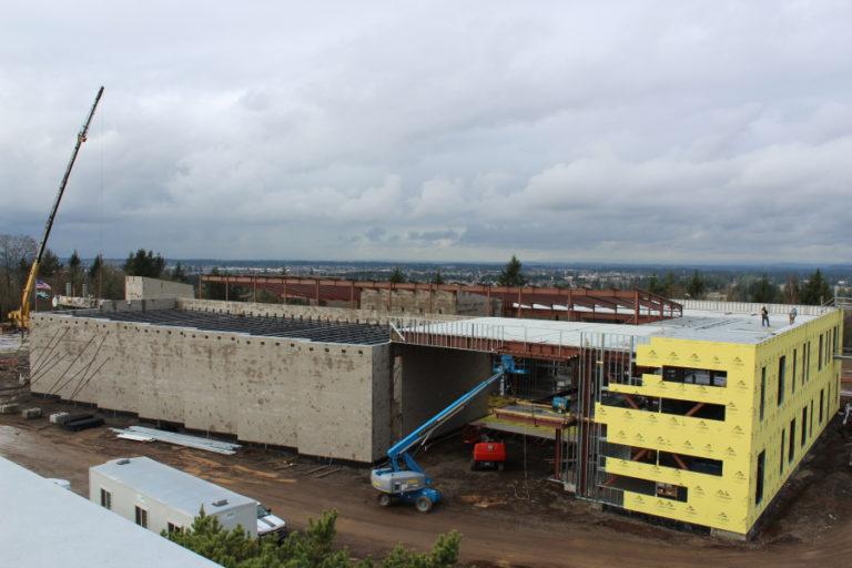 Construction of the future Discovery High School in Camas, as seen from the roof of the nearby Odyssey Middle School on Jan. 22.
