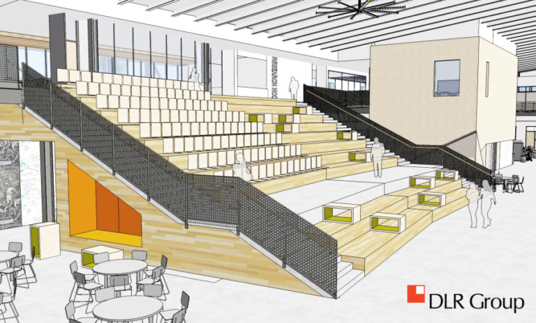 A rendering shows what the inside of the future Discovery High School in Camas will look like. Seen here is a communal staircase that will have several purposes, including seating for events, a workspace or lunch spot for students and a means of reaching the second floor and nearby media center.
