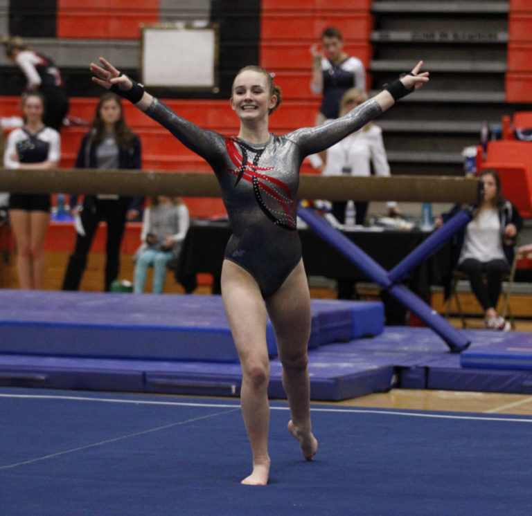 Shea McGee of Camas in floor exercise at the 4A district gymnastics meet at Battle Ground High School.