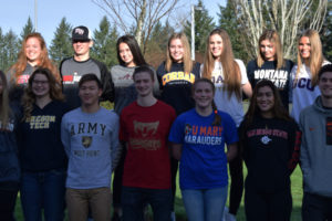 Tori Benavente/Post-Record 
 Top left, clockwise, Kennedy Ferguson, Trevor Bentley, Abbigail Wong, Madison Pfaff, Payton Bates, Hailey Oster, Perrin Belzer, Dominic Fewel, Alexa Dietz, Madalyn Sherwinski, Joshua Schneider, Mark Kim, Courtney Clemmer and Madison Freemon are the 14 students from Camas High School that signed letters of intent to play for college sports teams on Wednesday, Feb. 7. (Tori Benavente/Post-Record)