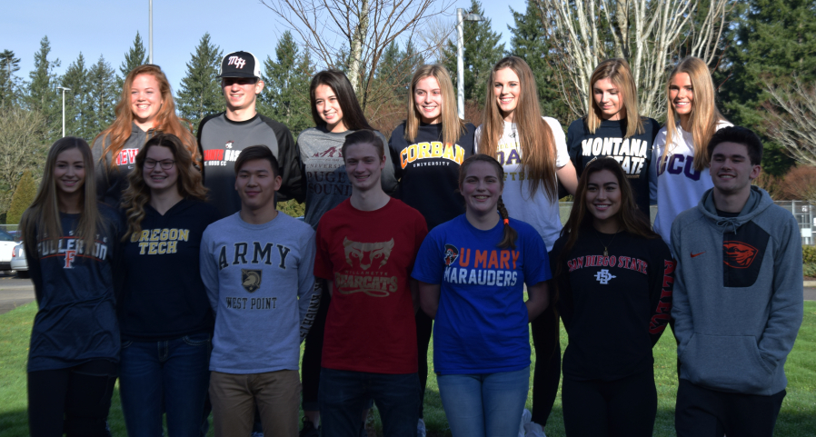 Tori Benavente/Post-Record 
 Top left, clockwise, Kennedy Ferguson, Trevor Bentley, Abbigail Wong, Madison Pfaff, Payton Bates, Hailey Oster, Perrin Belzer, Dominic Fewel, Alexa Dietz, Madalyn Sherwinski, Joshua Schneider, Mark Kim, Courtney Clemmer and Madison Freemon are the 14 students from Camas High School that signed letters of intent to play for college sports teams on Wednesday, Feb. 7. (Tori Benavente/Post-Record)