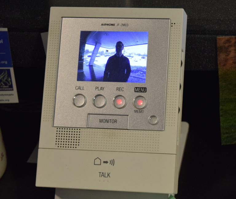 The monitor for the security buzzer that displays the video and allows staff to talk, see and open the doors for visitors at Odyssey Middle School in Camas.