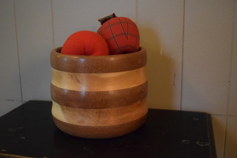 This is the first bowl that John Furniss made about two years ago. John caught his finger in his lathe machine while making this bowl, but 11 stitches and four days later it was finished.