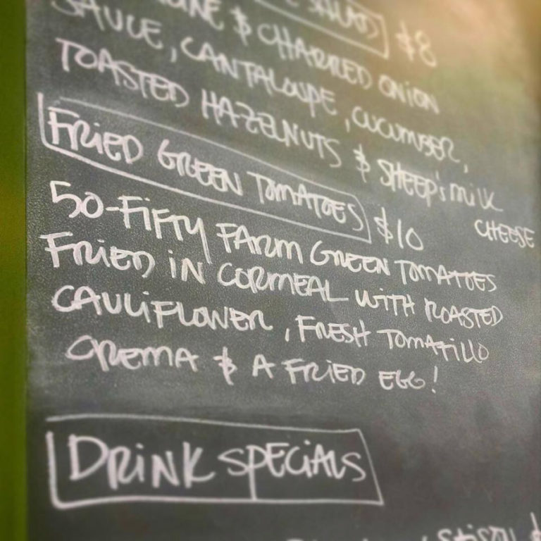 A daily specials sign at Our Bar in Washougal last year shows that the local restaurant is using green tomatoes from 50fifty Farm in Camas to make a special that also includes roasted cauliflower, a fried egg and a fresh tomatillo crema. Our Bar is located at 1887 Main St., in downtown Washougal.