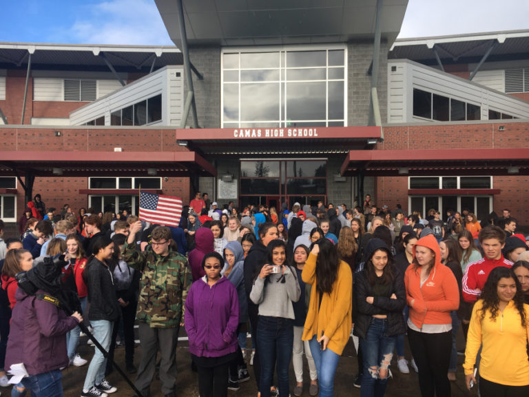 Camas High School students gathered at the flagpole to honor the victims of the Parkland shooting. The student organizers of the march read the names and a short biograpghy of each of the 17 victims.