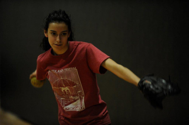 Washougal softball player Hannah Toops works on her pitches inside the Washougal High gym during a recent practice.