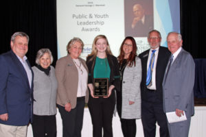 Washougal City Council members and Washougal Mayor Molly Coston attended the Marshall Leadership Awards where Washougal High School senior Bridgette McCarthy was awarded the Marshall Youth Leadership Award. McCarthy is in her second year serving as a student representative for the Washougal City Council. Councilman Paul Greenlee nominated her for the youth award. From left to right, Councilman Brent Boger, Councilwoman Joyce Lindsay, Coston, McCarthy, Secretary of State Kim Wyman, Councilman Greenlee and Councilman Ray Kutch. (Contributed photo courtesy of Margaret McCarthy)