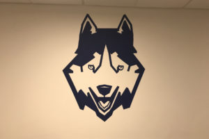 The Jemtegaard Middle School Husky made from paint tape by Jemtegaard students Alexa Davidson and Paula Guerrero-Pineda. The students said they created the school's mascot because they wanted to show school spirit. (Contributed photo courtesy of Dani Allen)