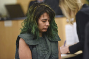 Emily Javier of Camas makes a first appearance in Clark County Superior Court on allegations that she stabbed her boyfriend with a samauri sword early Saturday morning at their home in Camas, Monday March 5, 2018. (Ariane Kunze/The Columbian)