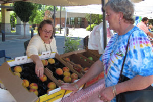 A customer looks at peaches at the Washougal Farmers Market in 2010. Community members hope to resurrect the now-defunct market, and bring fresh fruits and vegetables back to Reflection Plaza on Thursdays throughout the summer. 
