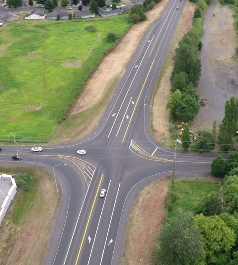 This view from a drone shows the intersection of state Highway 14 and 32nd Street, in Washougal. A $7.6 million project will include the addition of a roundabout at that location and Highway 14 and 15th Street, also in Washougal, in 2019.