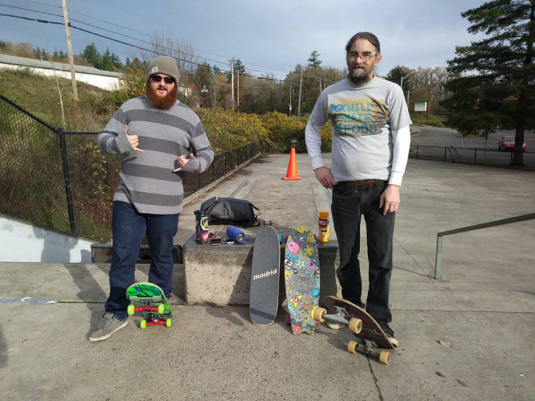 Washougal residents Tim Laidlaw (right) and Cole Mekum (left) get a skate session in after clearing and repairing equipment at the Camas-Washougal Riverside Skate Park during a fair-weather November day in 2017. Laidlaw heads a group known as Riverside Bowl, which is working with Camas&#039; Parks and Recreation Department and fundraising to renovate and maintain the aging deteriorating skatepark. Mecum, a Washougal High grad, and his wife, Faun (not pictured), are a part of the Riverside Bowl group.
