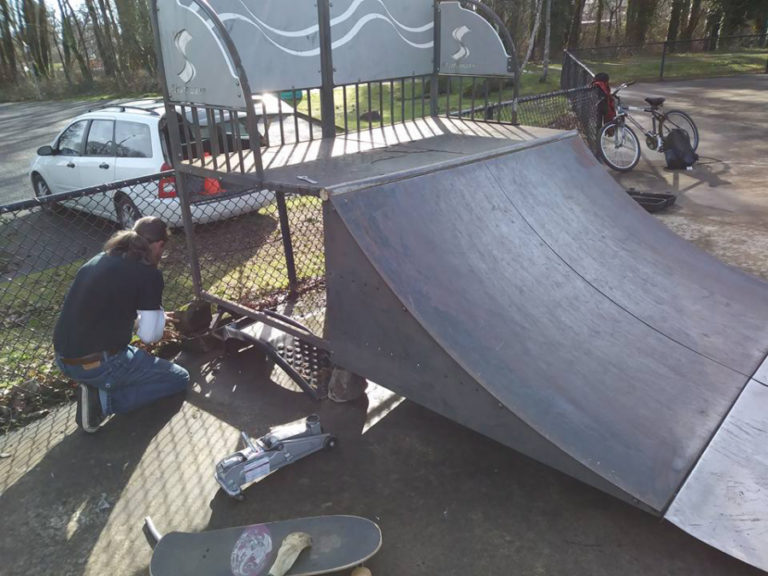 Washougal resident Tim Laidlaw repairs a ramp at the Camas-Washougal Riverside Skate Park. Laidlaw has formed a group called Riverside Bowl and is working with city officials and local skaters to renovate the aging skatepark, which was built using joint city funds from Camas and Washougal in 2002, but has fallen into a state of disrepair in recent years. Laidlaw, a skater himself, says the park needs to be updated and, like other parks in Vancouver and Portland, have poured-concrete structures instead of metal and ramps, which are harder to maintain.