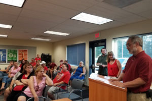 Frank Zahn, Washougal Association of Educators president, speaks to the Washougal School Board in August of 2017. (Post-Record file photo)
