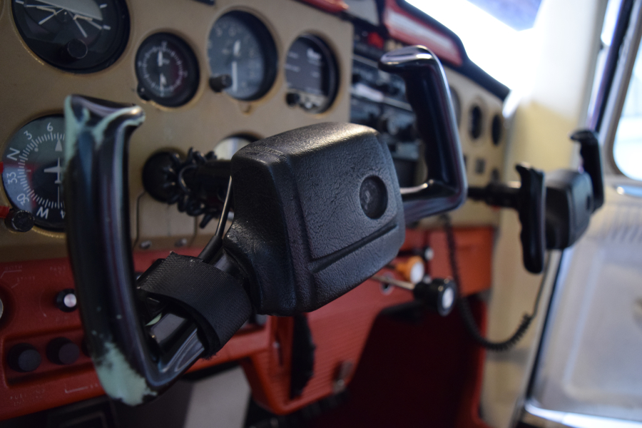 The two steeering wheels inside of the Cessna 150. This model is one of the more fuel-efficient airplanes to be used for instruction.
