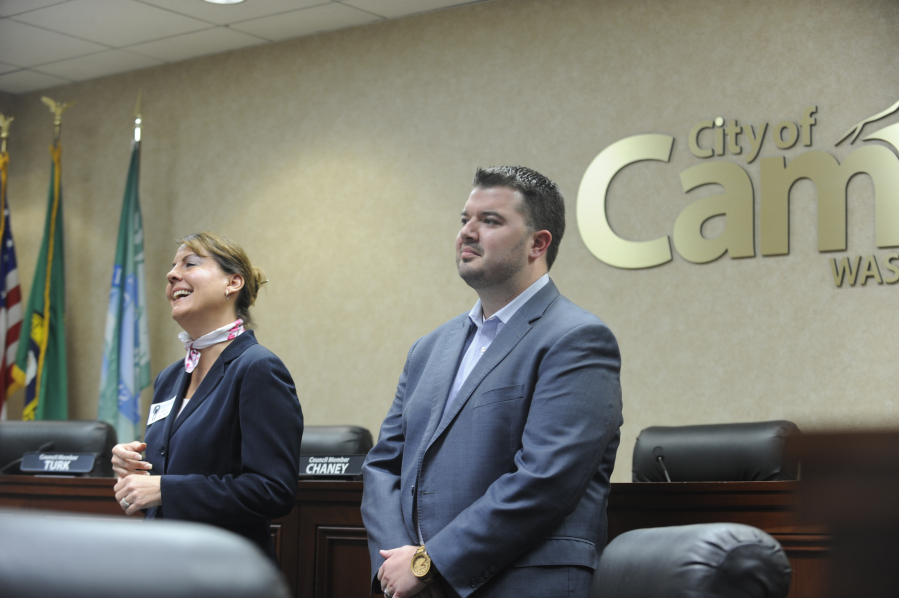 Washington State lawmakers from the 18th legislative district, Sen. Ann River (left) and Rep. Brandon Vick (right) respond to constituents' questions at a town hall held Saturday, April 14 at Camas City Hall.