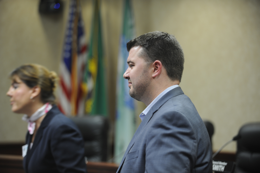 Washington Rep. Brandon Vick (right) listens as Sen. Ann Rivers (left) responds to constituents' questions about gun control, at a town hall held Saturday, April 14 at Camas City Hall.