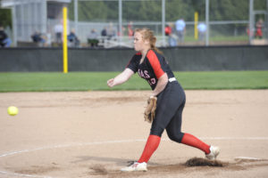 Camas senior Kennedy Ferguson throws a shutout after pitching a full game the prior evening, on April 18.  Ferguson will be playing for the University of New Mexico next season. 