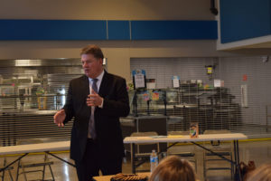 (Tori Benavente/Post-Record) 
 Jared Hoadley, assistant superintendent of the Mead School District, speaks to community members during one of four interview sessions for the next Washougal School District superintendent, Wednesday, April 25, in the Columbia River Gorge Elementary/Jemtegaard Middle School commons, in Washougal. Hoadley is one of four final candidates for the superintendent position.