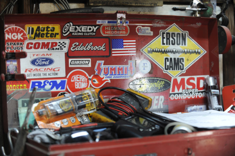 Tom Farris&#039; tool box includes bumper stickers he has accumulated during his more than 20 years as a mechanic.