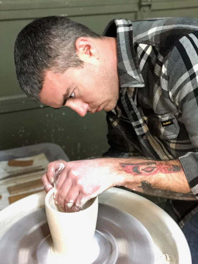 Washougal artist Chris Brodigan works on a potter&#039;s wheel in his ceramics studio. Brodigan is one of 18 Washougal artists featured in the Washougal Studio Artists Tour over Mother&#039;s Day weekend, May 12-13. His studio is located at 837 &quot;G&quot; St.