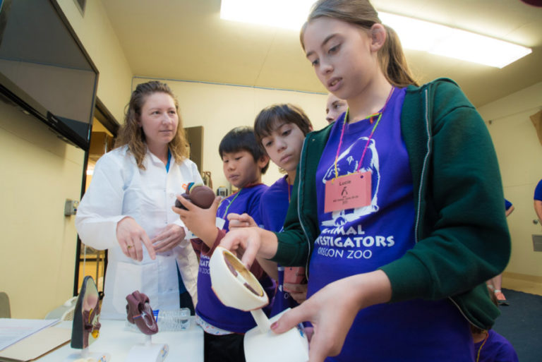 Oregon Zoo campers explore animal-related careers and learn about veterinary care and responsible pet ownership with the help of a Banfield Pet Hospital veterinarian at a past summer camp.