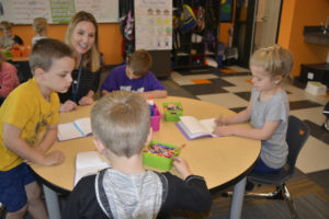 Columbia River Gorge Elementary kindergarten teacher Erika Maxey works with students during her class on Tuesday, May 8. The Washougal School District will host a kindergarten round-up at all Washougal elementary schools from 5:30 to 7 p.m., Thursday, May 17. (Contributed photo courtesy of Rene Carroll)