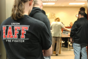 Firefighters with  Camas-Washougal Fire Department gather at a March Camas City Council meeting to discuss staffing increases. (Post-Record file photo)