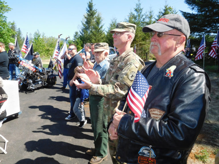 Veterans from throughout the Pacific Northwest attended a key ceremony for Army Specialist Alex Hussey and his wife, Kim (both are not pictured). Members of the Patriot Guard Riders of Southwest Washington State, American Legion Post 122 and Western Washington Modern Mopars were among the attendees on May 12.