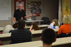 Retired U.S. Army Brigadier General Robert McFarlin shares experiences gathered from his 30 years of service in the military with Camas High School world history students, Friday, May 18. McFarlin has been a guest speaker in Camas High teacher Lori Thornton's classes for three years. 