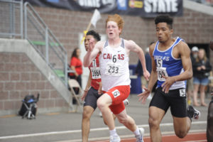 Camas sprinter Blake Deringer qualifies for the finals in the 100-meter event on Friday, May 25, in Tacoma, Washington. 