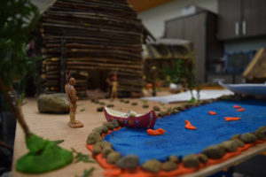 Third grade student Dereck Rodriguez Hernandez said he created the river and canoe in front of this plank house to represent the Native Americans' main source of fish and water.