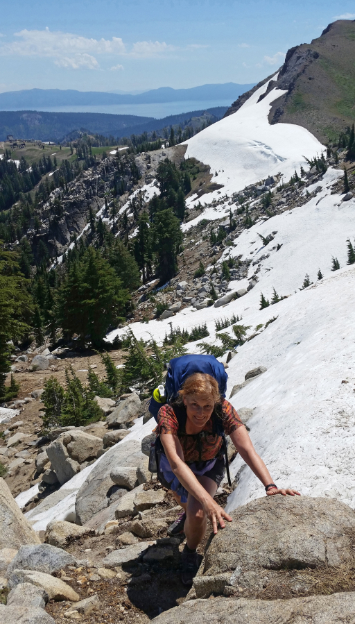 Boni Deal navigates one of the steeper sections of the PCT last summer, near the Squaw Valley ski area in Lake Tahoe.