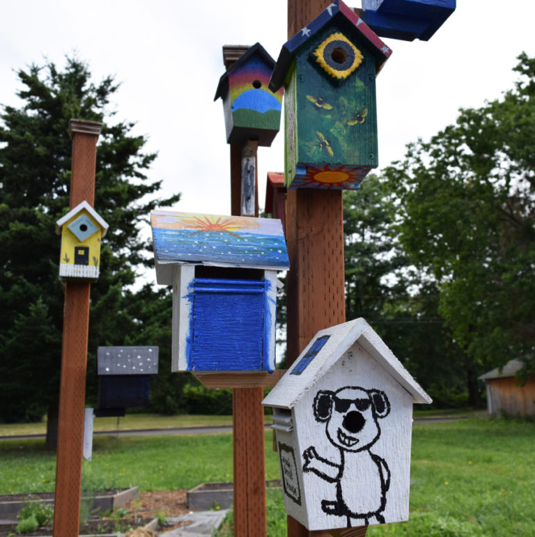 The birdhouses decorated my Jemtegaard Middle School students that hang on posts near the Washougal city hall garden, Saturday, June 23.
