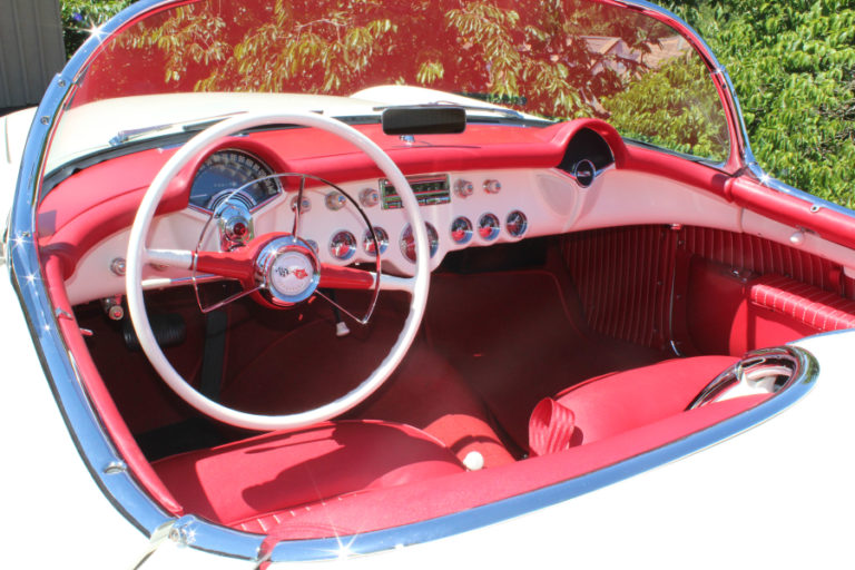 The interior of Steve Chaney&#039;s 1954 Chevy Corvette is decked out with all original details, down to the exact &quot;Sportsman Red&quot; interior with precise white stitching.