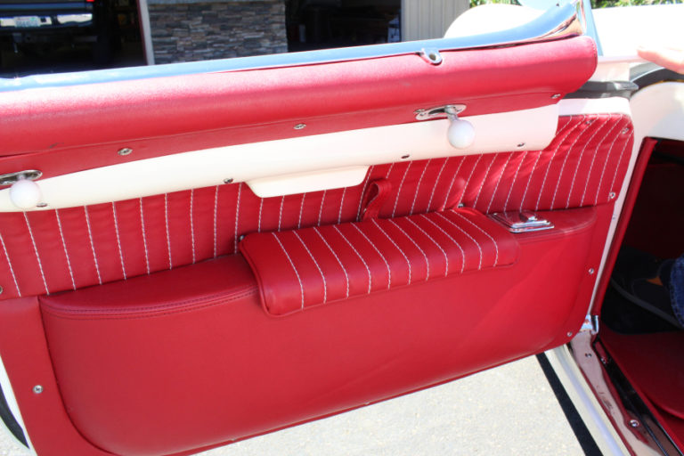 The interior of Steve Chaney&#039;s 1954 Chevy Corvette is decked out with all original details, down to the exact &quot;Sportsman Red&quot; interior with precise white stitching.