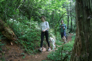 Alisha Delaney  (left) and her dog, Goose, followed by Alex Kaye (right) and his dog, Duke, walk the Hardy Ridge Trail in the Washington gorge.  "Less people, interesting plants and amazing views," Delaney said about the Columbia River Gorge trail.