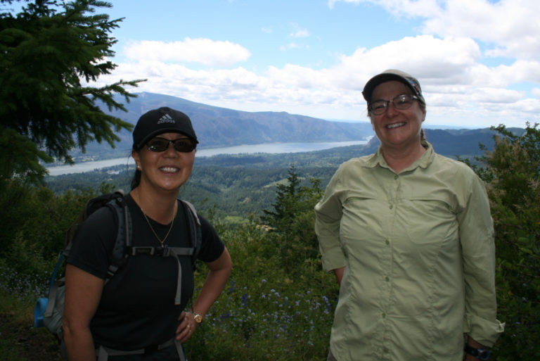Avid hikers, Young Linn (left) of Vancouver and Linda Williams (right) of Beaverton, Ore., enjoy the view near the top of Hardy Ridge.