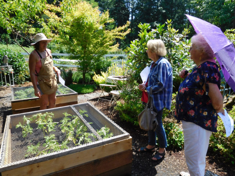 Liz Pike (left) talks about her passion for gardening and farming with Master Gardeners Karen Plitt (center) and Peg Agar (right), on July 5.