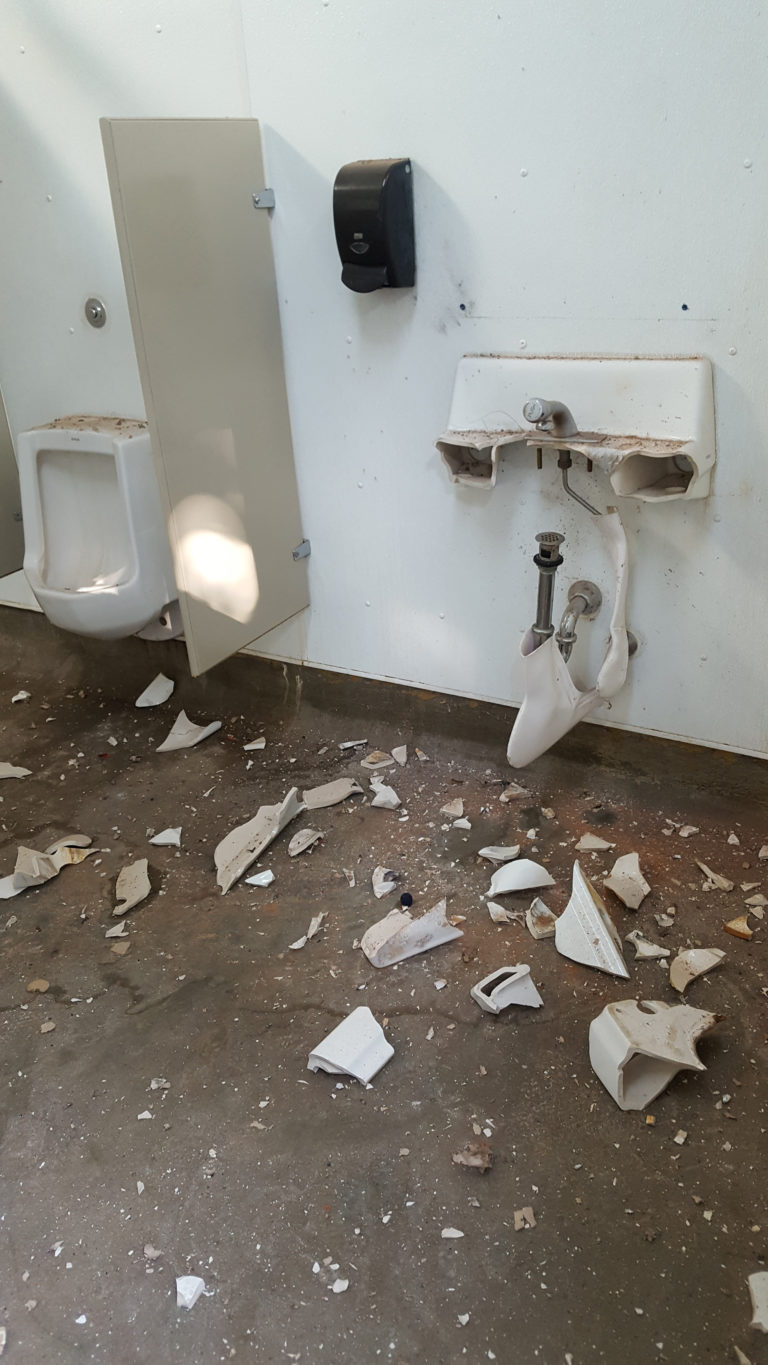 (Contributed photo, provided courtesy of Susie Wedlake)
A sink in a men's restroom at Capt. William Clark Regional Park in Washougal. is heavily damaged during the evening of July 4 or the early morning hours of July 5. Terry Riggs, a crew chief with the Clark County Parks Department, said there was fireworks residue spattered on the restroom wall and floor. The sink has been replaced.