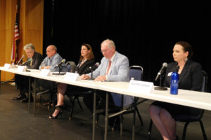 Candidates for the 3rd Congressional District -- David McDevitt, Michael Cortney, Carolyn Long, Earl Bowerman and Dorothy Gasque (from left to right) -- participate in a League of Women Voters of Clark County forum, July 12, at Clark College. Two candidates, incumbent U.S. Representative Jaime Herrera Beutler and Martin Hash, did not attend.