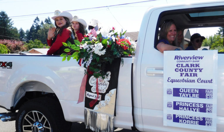 The Clark County Fair Equestrian Court rides along in the Camas Days Grand Parade on Saturday, July 28. Korrie MacIntyre, of Camas, is a princess for the 150th Clark County Fair.