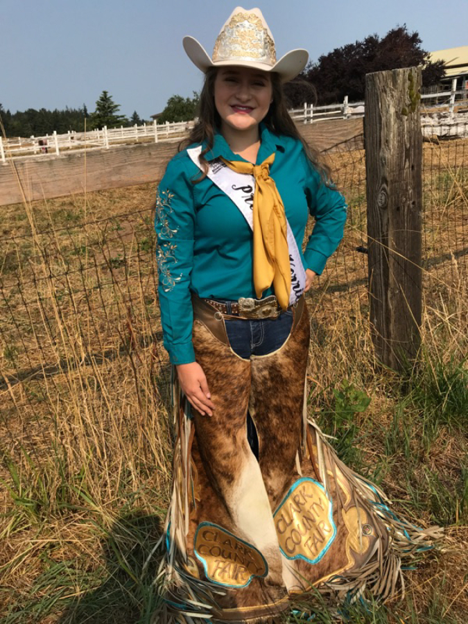 Korrie MacIntyre shows off her Clark County Fair chaps, Monday, July 30.