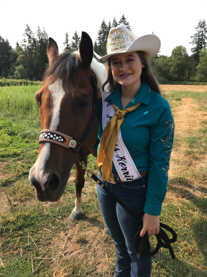 Clark County Fair Equestrian Princess Korrie MacIntyre and horse Dennis. MacIntyre is a Clark County Fair Equestrian princess this year and will be at the fair daily Aug. 3-12.