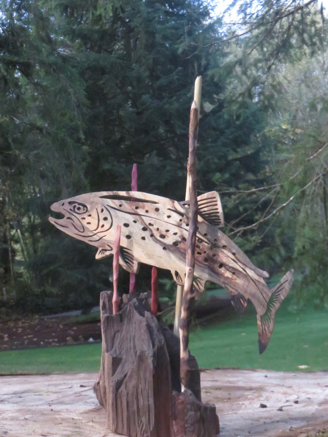 A wood fish sculpture by Amboy artist Beck Lipp.