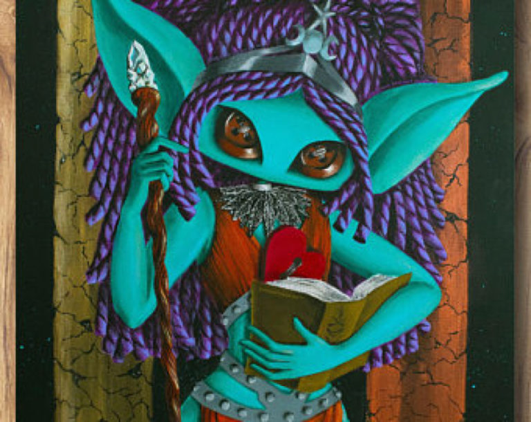 A painting of a yarn-haired &quot;muse doll&quot; by Vancouver artist Glo McCollough.