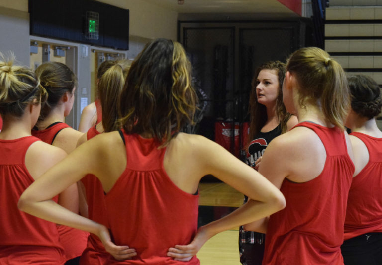 Camas High dance team coach Lesa Blanchard speaks to the team during practice, Saturday, Aug. 4. Blanchard is working with the students and three other coaches to choreograph the team&#039;s first show performance.