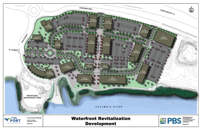 This site map, created by PBS Engineering, shows a potential layout of buildings on 26.5 acres of waterfront land owned by the Port of Camas-Washougal. The port plans to issue a request for proposals from developers later this month, to help the port in the development of the site located on part of the former Hambleton Lumber Company property, at 335 S. &quot;A&quot; St., Washougal.