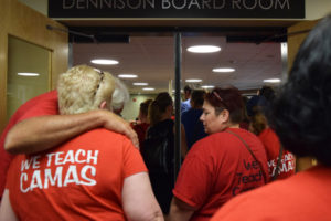 Camas Education Association members pack into the Camas School Board meeting room for the Aug. 13 regular meeting. Union representatives spoke to the board about contract negotiations and how a fair and competitive salary would impact their lives. 