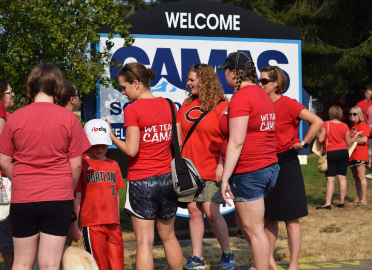 Camas Education Association members and their families gathered for a tailgate at the Camas School District office to usher in the union bargaining team on Aug. 9.